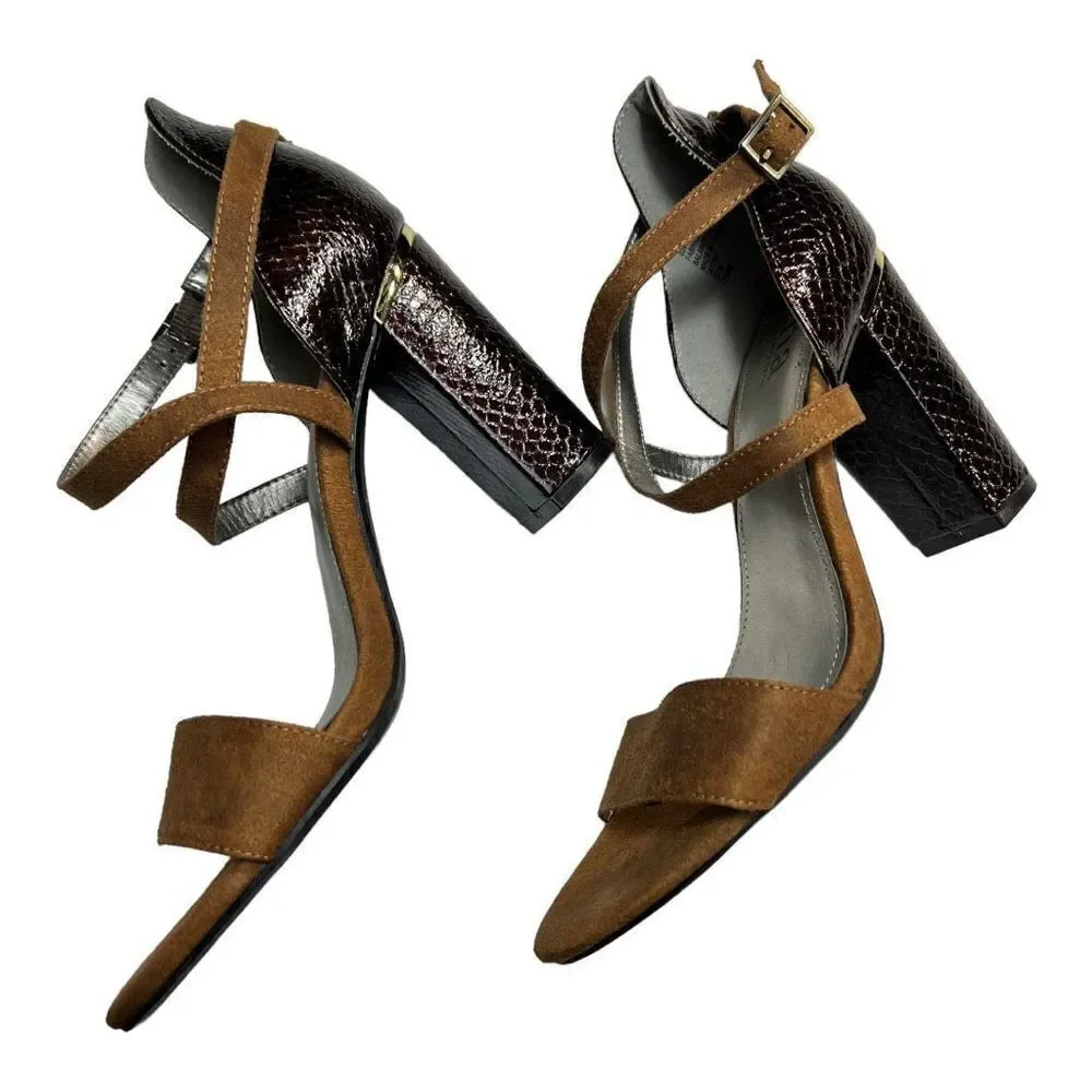 Ana high heels shoes size 7.5 M- brown fabric upper pre owned a new approach.